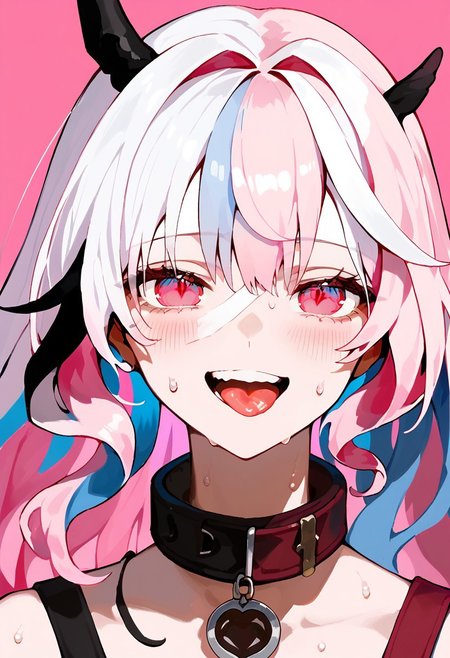 score_9, score_8_up, score_7_up, source_anime, ABYSSAL YUFINE, 1girl, solo, looking at viewer, blush, smile, open mouth, bangs, red eyes, hair between eyes, blue hair, pink hair, white hair, multicolored hair, sweat, teeth, tongue, pink eyes, collar, two-tone hair, pink background, portrait