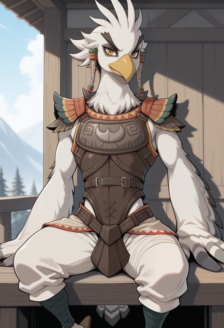 masterpiece,best quality,amazing quality, 1boy, solo, 1boy, t3b4, bird boy,  leg bandages, shoulder armor, hair ornament, armor,