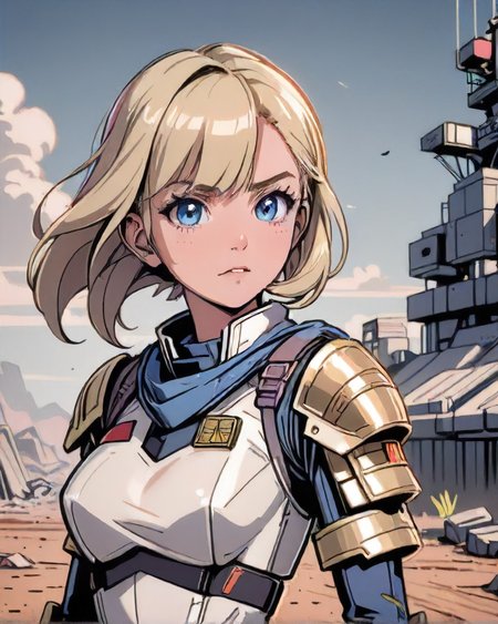 anime style, 1girl Desirous, solo,  solo, from front, front view, half shot, looking away, detailed background, detailed face, (<lora:TechPunkAI:0.4>, valvepunkai, retro-futuristic theme:1.1), military commander, general, (1500s,  age of colonialism:1.1),   torn clothes, crest, charismatic, , rallying, , unyielding, battle chaos, desolate battlefield in background, banners,  muddy terrain,