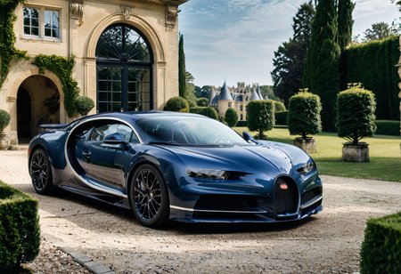 <lora:bugattich1r0n:1>,A midnight blue, bugatti ch1r0n parked outdoors in front of a majestic French château. The car, with its glossy metallic blue exterior and sleek black accents, is perfectly positioned on a cobblestone driveway leading to the château. The château features classic French architecture with large arched windows, intricate stonework, and tall, elegant towers. The setting is bathed in soft golden sunlight, creating a warm and luxurious atmosphere. Surrounding the château are neatly trimmed gardens, fountains, and lush greenery, enhancing the sense of grandeur. The scene combines automotive excellence with historical elegance."
<lora:SDXLFaeTastic2400:0.4> <lora:extremely_detailed:0.4> extremely detailed, Masterpiece,best quality,hi res,8k,hi res,8k,award winning,(sharp focus, intricate, highly detailed),