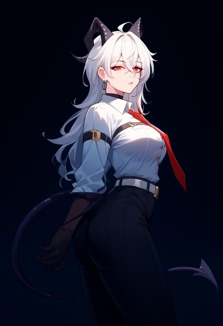 score_9, score_8_up, score_7_up, source_anime, 
wrnchwuwazani, horns, hair between eyes, red eyes, long hair, large breasts, white hair, demon horns, ahoge, 
demon tail, 
collared shirt, white shirt, red necktie, long sleeves, black gloves, earrings, jewelry, black choker, black pants, belt, shirt tucked in, button gap
shy, rear view,  Expressiveh