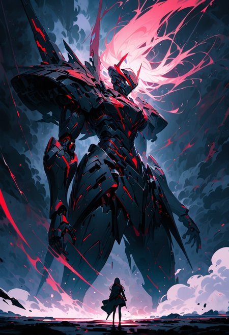 ((masterpiece, best quality, extremely detailed, absurdres)),(fantasic illustration, dynamic lighting), on the moon, 
1girl, a beautiful woman leaps off her enormous robot, artistic use of contrasting colours and brightness, beautiful face, (guarded by her giant robot:1.2),storm clouds gather overhead, deep rich colours contrasts against the dull beiges and greys of the background, fullbody, asymmetrical dress, <lora:flat2:-1.8>, 8k, very fine detail, ((cinematic composition and lighting)), focus on the woman.
