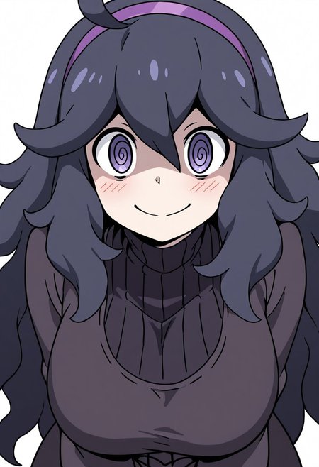 masterpiece, best quality, solo, curvy, beautiful eyes, girl, solo, smile, looking at viewer, dynamic pose, from below, (fisheye), foreshortening, close up,  (leaning forward, eye focus, side view), anime screenshot, 
(upper body), white background,
hex maniac (pokemon), long hair, ahoge, purple hairband, purple eyes, large breasts,