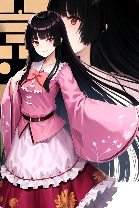 Kaguya, 1girl, solo, long hair, looking at viewer, blush, smile, bangs, skirt, shirt, black hair, red eyes, long sleeves, bow, very long hair, closed mouth, frills, japanese clothes, wide sleeves, blunt bangs, bowtie, sleeves past wrists, red skirt, floral print, frilled skirt, white bow, frilled sleeves, sleeves past fingers, pink shirt, frilled shirt collar, hime cut, breasts