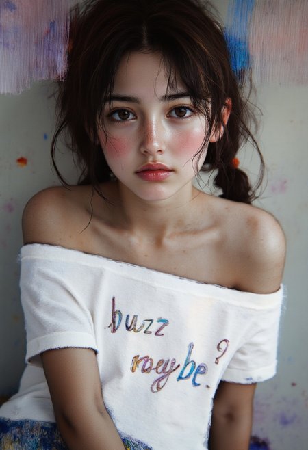 By Donna Young, midjourney_whisper_innocent_eyes, 1girl,mysterious girl with freckles,an exotic Polinesian girl in off-shoulder shirt, Hairs in two braids, text on shirt:"Buzz meybe?" fading backlit background,pastel colors,surreal,  detailed, bokeh, perfect balanced, deep fine borders,artistic photorealism, smooth, whole body view