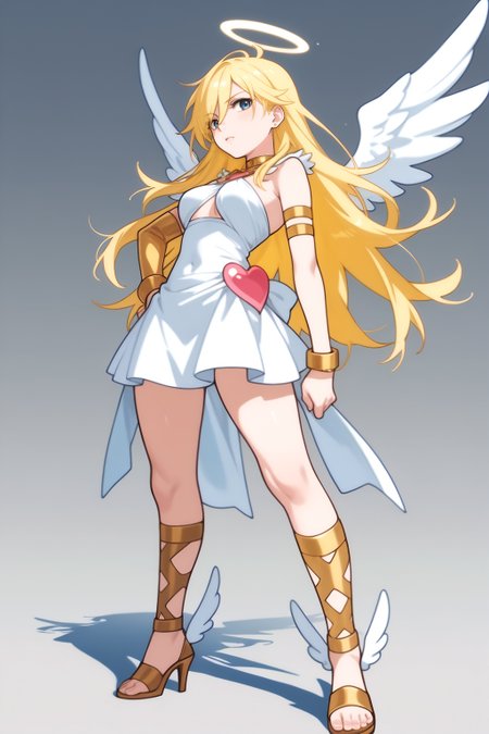 <lora:PantyStoking:0.8>  full body, Shiro, female, blonde hair, yellow hair, blue eyes, white dress, white outfit, pink heart accents, gold collar, gold arm bands, golden high heel sandals, strappy sandals, cross-patterned straps, gold leg wraps, standing pose, slight downward angle view, three-quarter view, fair skin, serious expression, neutral face, white angel wings, full figure visible, feet visible