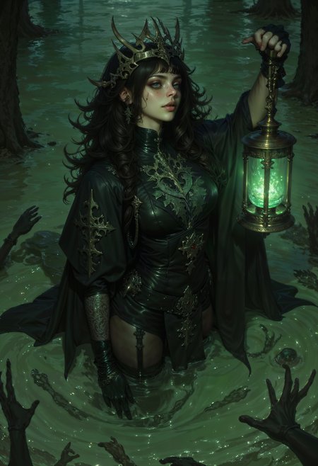 A gothic swamp witch standing waist-deep in murky waters, her hair wild and tangled with moss and reeds. A crown of twisted bone rests on her head, casting skeletal shadows across her pale face. Her dark robes ripple like liquid shadows, and in her hand, she holds a lantern filled with flickering green fireflies. The eerie light reflects off the surface of the water, where faint silhouettes of skeletal hands seem to reach toward her. The atmosphere is heavy with mystery and foreboding.