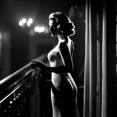 Film noir style ultra realistic, ultra defined textures, cinematic, cinematic lighting, atop a wrought-iron balcony overlooking a crowded speakeasy, a woman leans on the railing, her long satin gown shimmering in the dim, ambient light. Her lace undergarments peek discreetly through a slit in the fabric, hinting at her allure. A backlight creates a striking silhouette, while a soft-focus lens captures the dreamlike haze of cigarette smoke swirling in the air. The angle, shot with a Contax II, frames her poised yet mysterious demeanor against the lively chaos below.
<lora:Noir_style:1>  noir_style . Monochrome, high contrast, dramatic shadows, 1940s style, mysterious, cinematic