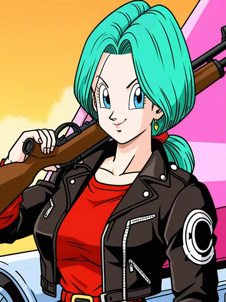 xyzbulma , milf , mature girl ,leather jacket   , holding a rifle on top of a futuristic bike    <lora:DBZBULMA:0.55>