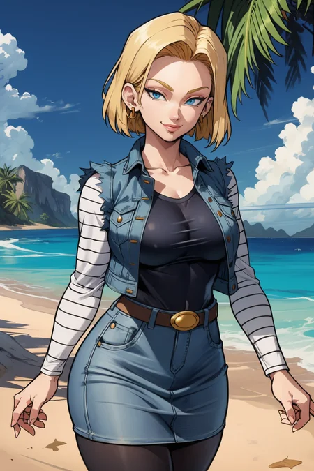 1girl, (solo:1.2), (standing:1.3), (interacting:1.3), (cowboy shot:1.5), (curvy:1.2), smile, happy, at ease, (masterpiece:1.3), (best quality:1.3), (perfect anatomy:1.4), highly detailed, (tropical beach:1.3), palm trees, azure blue water, daylight, summer,, <lora:DB - Android 18 [AsuraAI - v1.0]:0.85> android18, earrings, denim, belt, blonde hair, blue eyes, short hair, jewelry, (denim vest:1.2), open vest, black pantyhose, black shirt, denim skirt, (white striped long sleeves), blue skirt, large breasts, <lora:Yoshio (55level) [MockAI - v1.0]:1> 55level, semi-traditional artstyle, (clean lineart:1.3), (soft shading:1.2), expert shading
