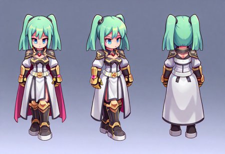 1girl, humanoid_build, petite_frame, fair_skin, large_expressive_blue_eyes, long_green_hair_with_twin_tails, pixel_art,  
clothing: (futuristic_battle_dress:1.2), white_and_blue_tunic_with_gold_trim, puffy_sleeves_with_armor-like_design,  
cape: none,  
bracers: armored_white_and_blue_gauntlets_with_gold_accents,  
belt: white_and_blue_belt_with_a_large_golden_emblem,  
boots: knee-high_white_and_blue_boots_with_reinforced_toes,  
accessories: heart-shaped_chest_gem_with_golden_frame, red_ribbons_tied_to_hair,  
hair: long_green_hair_in_twin_tails_with_slightly_curled_ends,  
pose: standing_with_hands_clasped_behind_back, cheerful_and_innocent_expression,  
details: glowing_chest_gem, metallic_sheen_on_armor_pieces, bright_and_vivid_color_palette,  
_|_,  
Multiple views, front view and side view and back view,  
ROSPRITE, ROSPRITE-ASSASIN
,Big Round breasts, underboobs