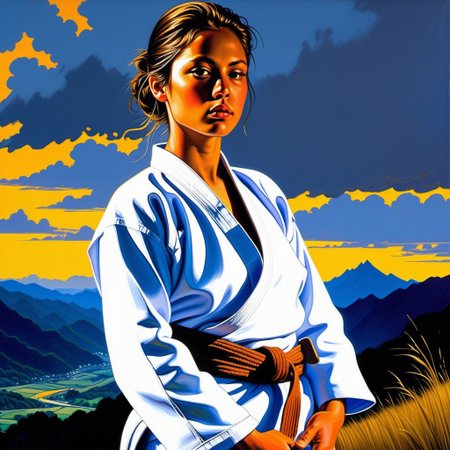 (((jp-j3c))), thick-stroke Oil Painting. ((detailed)), Turning view of (short, stocky girl). (pretty girl), alone on hill-top shrine, Japanese scenery, (poised), twinkling eyes, ((extremely sweaty skin)), ((dimples)). clavicles. upturned torpedo breasts, Navel. Disheveled. ((wide-open high-quality thick white judo top hanging freely loose)). ((One breast totally exposed)). wearing long white Judo pants, Dimly lit from side. Very Dark background. golden hour lighting, (detailed nipples), (((untied Judo belt))),