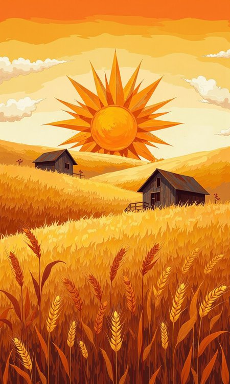 Full shot of a stylized illustration of a rural landscape. 
The foreground is dominated by golden wheat stalks, rendered in varying shades of warm orange and yellow, creating a rich and vibrant texture. The stalks appear detailed, with individual wheat ears clearly depicted. The colors darken towards the background, creating a sense of depth.
The mid-ground showcases rolling hills of an ochre-yellow color, simulating a golden wheat field landscape.  Two rustic-looking houses with dark roofs sit on the hills.
The background features a large, stylized sun that radiates outwards with bright orange and yellow rays.  The sun is positioned above the hills. Soft, pale clouds are painted in the sky.  The top and bottom borders of the landscape are painted with bands of varying shades of orange and yellow. 
The overall impression is one of a warm, sunny countryside scene, focusing on the golden hues of the harvest season. The style suggests a stylized illustration, not a photograph.
<lora:FLUX-daubrez-DB4RZ-v2:1> DB4RZ, DB4RZ style painting