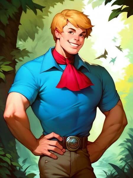 score_9, score_8_up, score_7_up, score_6_up, 1boy, hands on hips, dynamic pose, smile, looking at viewer, cowboy shot, forest,
 <lora:AlanMarberry_character:0.85>, AlanMarberryXLP, blonde hair, short hair, blue shirt, pants, belt, muscular male, red ascot, cartoon, realistic,