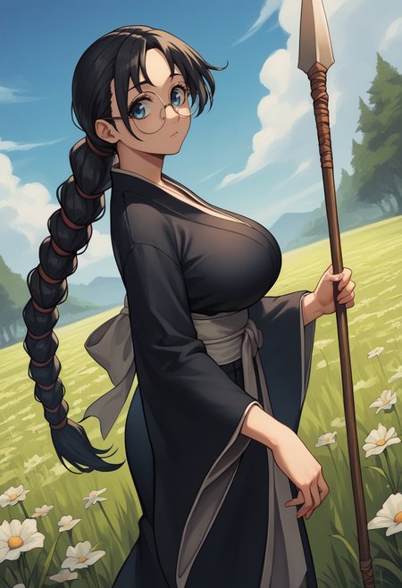 score_9, score_8_up, score_7_up, BREAK 1girl, looking at viewer, cowboy shot, from side, dutch angle, 
<lora:BatsuunsaiKatoriDwnsty:1>, batsuunsai, black hair, low ponytail, braided ponytail, long hair, blue eyes, black kimono, white haori, white sash, wide sleeves, round eyewear,  holding weapon,  holding polearm, spear, 
large breasts, skindentation, 
outdoors, grass, flower field, medieval, wind, blue sky, tree,