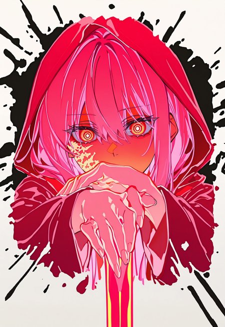 safe_pos, masterpiece,best quality,absurdres, amazing quality, hi res, masterpiece, best quality, detailed, amazing quality, detailed face, detailed eyes, clean eyes, best quality, highres, very aesthetic, newest, ultra-detailed, illustration, (best quality:1.1),ultra-detailed, high resolution, super detailed skin, beautiful detailed eyes, nsfw, Brightly Lit, Highly Visible, 8k, sharp focus, beautiful, perfect lighting, beautiful eyes, anatomically correct, anatomically correct face, extremely detailed eyes, smooth edges, beautiful face, symmetrical eyes, symmetrical face, BREAK, StainedArt_IL, sketch, paint splatter, Spill Art, coffee spill art, dissolving, stainedart_il, artist:yoneyama mai, (artist:wanke:1.1), artist:mocha, (cotton:1.1), (senpen:1.1), artist:ciloranko, artist:noyu, noyu23386566, (artist:sho:0.8264462809917354), (sho lwlw:0.9090909090909091), year 2023, (solo:1.3310000000000004), lineart, monochrome, (red sword:1.2100000000000002), (fighting stance:1.2100000000000002), (disheveled hair:1.1), (dark heme:1.2100000000000002), chiaroscuro, foreshortening, (colorful splashes:1.1), (shining:1.1), (focus on face:1.1), Glowing skin, Strong contrast, long sleeves, simple background, red eyes, weapon, hood, black background, sword, hooded jacket, meme, jacket, hood up, red long hair, glowing, half-closed eyes, looking at viewer