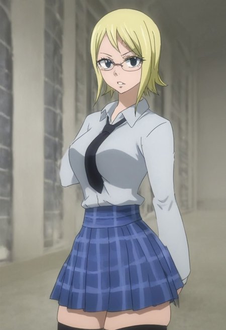 (masterpiece, best quality, amazing quality, very aesthetic), (scenery, volumetric lighting), 1girl, Lucy Heartfilia (Fairy Tail), simple_background, mature_female, 1girl, ,medium breasts, blonde, eyelashes, glasses, green eyes, close-up, FairyTailStyle, upper body, looking_at_viewer, skirt, solo, necktie, school uniform, short hair, indoors, eyebrow piercing, blue eyes, , looking at viewer, window, sweater, blue skirt, nose, plaid skirt, pleated skirt, shirt, black necktie, white shirt, parted lips, thighhighs stockings, blue necktie, black sweater, plaid,breasts, lips, standing, desk, standing, cowboy shot, narrow waist, wide hips, thick thighs, pleated skirt, standing, living room,, detailxl, Score_PnyReal, (lineless:1.5),