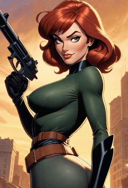 style animated serie of Bruce Timm, ,female figure, a smiling and sexy redhead with bangs and wavy short hair, heroic and extravagant pose, armed with blaster