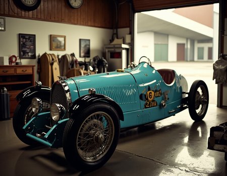 advertising photograph of a (1930s Bugatti racing car:1.2) parked in an automobile mechanic shop, the Car is waxed and shined to a sheen, (Vehicle has been modified to race specifications, retro race painting:1.1), Magnificent, sexy, official art, hyper realistic, photo realistic, extremely detailed, Exquisite color design, Exquisite composition, ultra highres, absurdres, (best quality, ultra detailed), high budget, RAW photo, car focus <lora:ImageUpgraderV2:0.75> detailmaximizer, by Nick Knight, film grain, fine grain, 35mm, sharp focus, soft lighting, volumetric lighting, <lora:Herbst_Photo_Style_v3:1> herbstphoto, herbst photo