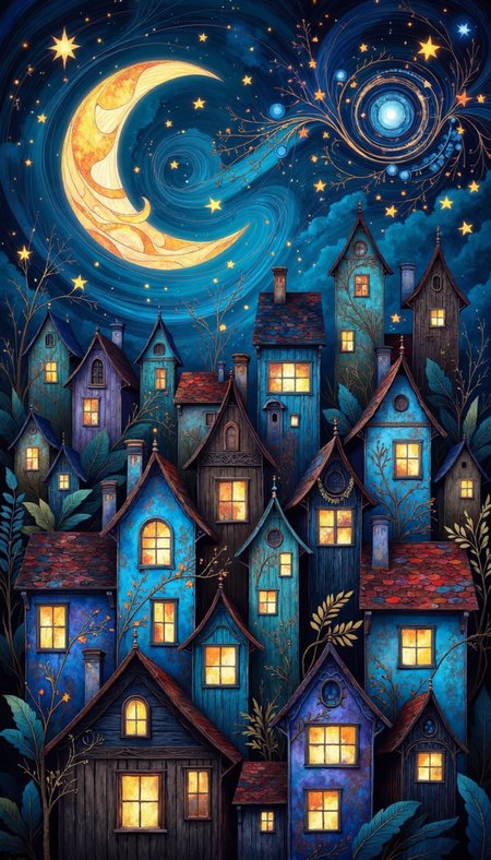 DB4RZ,DB4RZ style painting,a hand-drawn sketch and watercolor style,opalescent inlay,DIGITAL PAINTING,FLUORESCENT, GLOW, An enchanting nightscape depicting a dense agglomeration of houses under a majestic crescent moon. Employ a predominantly indigo palette with gold accents to convey a sense of magic and tranquility. The houses, rendered with a childlike naiveté, should exhibit a charming irregularity in their shapes and sizes. Dapple the scene with shimmering stars and glowing windows, suggesting a world brimming with unseen life and mystery.  The moon, a prominent celestial presence, should be adorned with intricate, swirling patterns evocative of cosmic energy.