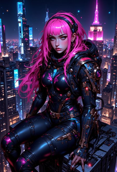 The image features a bright neon-haired, anime-inspired female woman dressed in futuristic, high-tech bright neon armor. Her armor is predominantly bright neon with metallic details, including shin guards, knee pads, and a chest plate, giving her a bold, commanding appearance. She is holding a large, rifle with intricate details and bright neon accents, suggesting a combat-ready posture. She sits on top of a building, with the New York city skyline visible in the background, showcasing iconic skyscrapers such as the Empire State Building.
The image has a dynamic composition, with the subject framed slightly to the side, her gaze directed towards the viewer. The vibrant bright neon hues contrast with the backdrop of the dark dystopian city at night, creating a striking visual effect. The character’s long, flowing bright neon hair further enhances the scene's fantastical and energetic feel.
The overall theme blends futuristic technology with playful, almost whimsical elements, suggesting a powerful yet light-hearted aesthetic. The setting on top of a skyscraper with a wide cityscape implies both a sense of power and detachment from the world below.