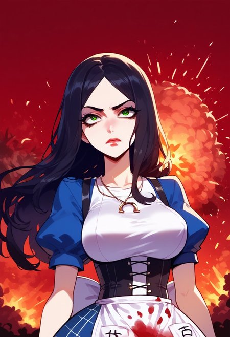 {score_9, score_8_up, score_7_up, source_anime}, {expressiveh, typehp}, {mcgeealice, long hair, black hair, green eyes, necklace, blue dress, covered in blood, puffy short sleeves, white apron, black & white pantyhose, striped pantyhose, (big breasts, puffy nipples), corset, white shirt, open shirt, exposed shoulders}, futanari, bulge, {}}, {forest, blood puddle}, {standing, ahebomb, explosion, upper body},