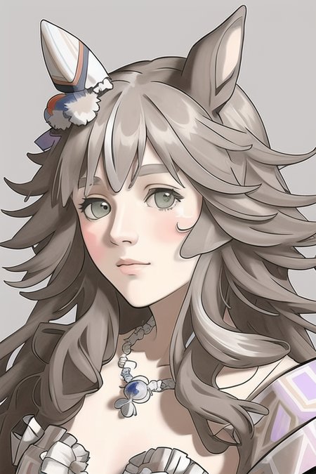 <lora:wonderacute:1>, by Alphonse Mucha, extremely detailed, best quality, masterpiece, colorful, bokeh

a beautiful girl with animal_ears and hair_ornament, 


grey background, simple background