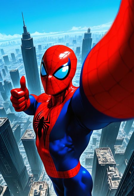 Smooth_Quality, 1boy, spider-man, red and blue bodysuit, midair, web shooter, day, blue sky, outdoors, colorful, new york city, dynamic angle, thumbs up,  looking at viewer, depth of field, dynamic composition, foreshortening, detailed background, dynamic pose, dutch angle, cowboy shot, selfie, <lora:Mature_Comics_Style_-_NoobAI:1>