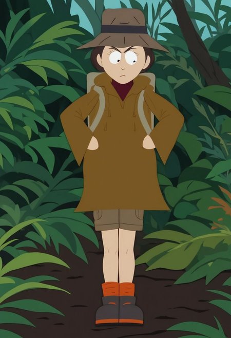 Score_9_up, score_8_up, score_7_up, 1girl, solo, msstevenssp, brown hair, hat, rain coat, backpack, shorts, boots, jungle, hands on hip, Expressiveh