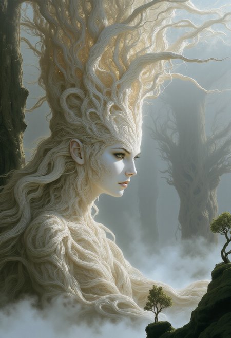A surreal portrait of a tree goddess emerging from an ancient monolith of twisted roots and gnarled branches. Her face has high cheekbones, smooth porcelain-like skin with a soft glow, and pale, half-lidded eyes. Her long lashes and delicately arched eyebrows frame her serene expression.
Her hair seamlessly transitions into the white birch tree itself, forming a complex crown of white, intertwining branches that stretch upward. The branches have a polished, bone-like texture, curling and twisting into organic patterns. Her body is partially wrapped in bark-like tendrils that spiral around her torso, forming an intricate natural gown that blends into her surroundings.
Below her, a massive, weathered white birch tree trunk extends downward, with thick, gnarled roots twisting into the mist-covered ground. Small, bonsai-like trees sprout from rocky outcroppings embedded within the root system, their tiny leaves adding contrast against the pale landscape.
A dense mist blankets the lower part of the scene, partially obscuring the roots and drifting through the air. In the background, enormous ancient trees with skeletal branches rise through the fog, their silhouettes fading into the distance. The entire image is enveloped in a muted, desaturated color palette of soft whites, cool grays, and subtle earthy greens.
The composition presents her as seamlessly integrated with the massive tree, appearing both as a living figure and an extension of the forest itself.