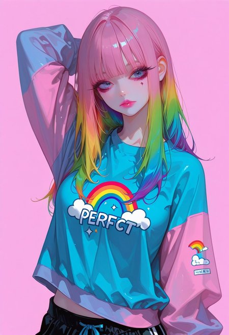 realistic,HassaKu_illu, artist:moriimee, 748cmstyle, jsyu_style, 2025. 06, 
(1girl, solo), 21 years old, long hair, rainbow hair, colorfull hair, rainbow colors, blunt bangs, blue eyes, thick eyeliner and mascara, long eyelashes, pink lipstick, slender body, medium breasts, perfect slender body, standing, upper body, front view, hand behind head, flat color pink background, gaming shirt, gaming skirt, cowboy shot, (gaming clothes), rainbow clothes