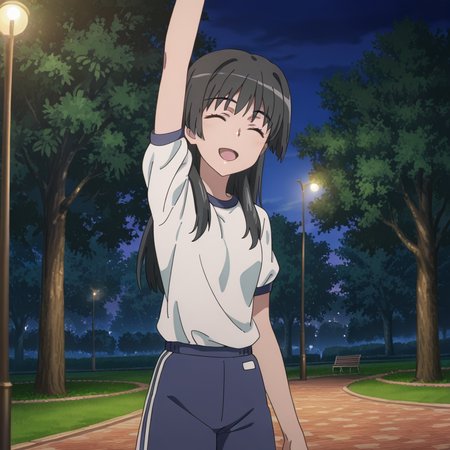 nsfw, masterpiece, best quality, amazing quality, 1girl, solo, index_railgun_saten_ruiko, closed eyes, gym uniform, long hair, black hair, anime coloring, open mouth, arm up, smile, lamppost, night, outdoors, shorts, tree, white gym shirt, park, <lora:Saten_Ruiko_-_Index_Railgun:0.7>