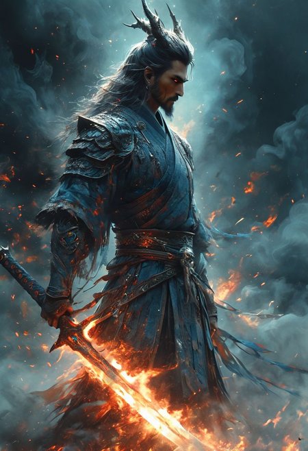 minimalism style, WLOP art style, a character worrior with raised the long ghostblade in hand, facial muscles,  eye light, dragon behind, cinematic foootage, (full body), fantasy, intricate details,8k post production,dark blue red white green gold fire tone