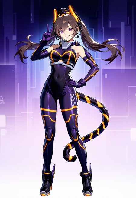 (high quality:1.1), detailed face, i:p_masquerena, alternate_outfit, 1girl, solo, long hair, looking at viewer, smile, large breasts, brown hair, gloves, hair between eyes, bare shoulders, twintails, medium breasts, standing, purple eyes, mechanical tail, full body, boots, elbow gloves, hand up, grin, hand on hip, v, multicolored bodysuit, floating hair, two-tone headgear, skin tight, purple gloves, w, tiger headgear, purple high heels, earpiece