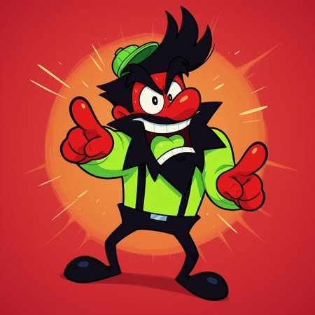 Anton, 2d, human, man, red skin, red body, black pupils, lime green shirt, long sleeves, small lime green hardhat, black pants, black suspenders, black hair, scruffy long black beard, black eyebrows, big red nose, small legs, broad shoulders, cartoon style, solo

BREAK open mouth, lime green tongue, standing, looking at viewer, pointing at viewer

BREAK best quality, amazing quality, very aesthetic, absurdres, newest