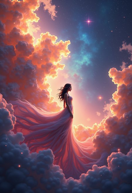 a surreal and cosmic scene featuring a silhouetted beautiful female figure standing amidst swirling nebulae and vibrant cosmic energy. The figure is positioned centrally with her dress flawlessly transitioning  into the surrounding airy fluffy gas clouds, which slowly swirling around her figure creating a flowing ethereal effect. The nebulae around her are in vivid colors, including bright oranges, blues, purples, and reds, which blend together to form dynamic nebula patterns. Stars are scattered throughout the background, adding depth and a sense of the vastness of space. The overall composition evokes a sense of unity between the figure and the cosmos. Art style: digital surrealism, cosmic fantasy, in the style of visionary art, blending elements of figure and space art.