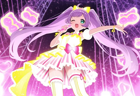 best quality, masterpiece, absurdres, manaka laala, holding microphone,  one eye closed, idol dress,   glowing dress,  thighhighs, from below,   heart, bazillium live, solo <lora:manaka_laala:1> <lora:bazilliumlive_Illust_v1:0.8>