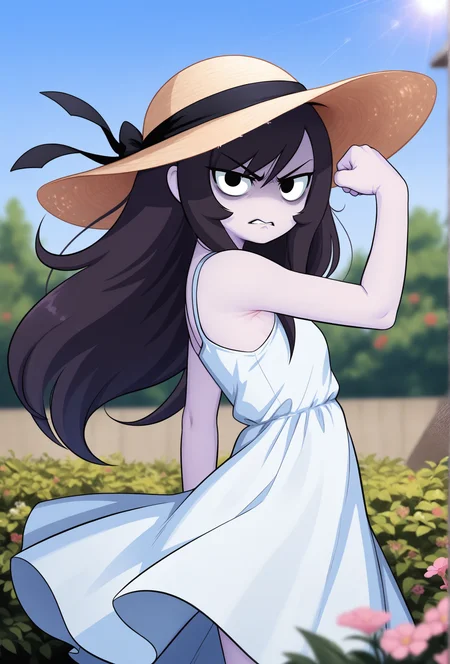 masterpiece,best quality,amazing quality, <lora:rosemary_cabronpr_noob_vpred_v1.1f:1> rosemary, 1girl, solo, black eyes, no nose,bags under eyes, long hair, angry, looking at viewer, sun hat BREAK
(depth of field:1.3), garden, flowers, plant, tree, blue sky, wind, sun dress, sleeveless, bicep pose