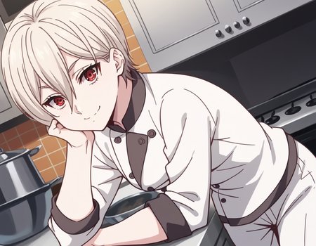 score_9, score_8_up, score_7_up, source_anime,
alicenakiri, <lora:alice-nakiri-s1-ponyxl-lora-nochekaiser:1>,
alice nakiri, short hair, red eyes, white hair, hair between eyes,
pants, white pants, chef, long sleeves, sleeves rolled up,
indoors, kitchen, bent over, smile,
looking at viewer, cowboy shot, dutch angle, solo,