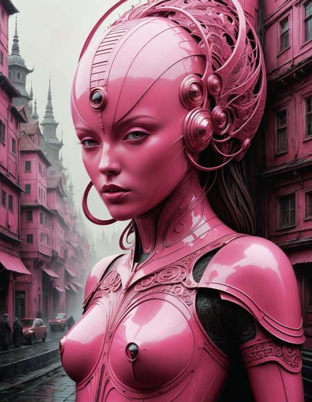 by Ian Miller and Anton Semenov,  (pink , pink , masterful:1.4), poster art, bold lines, hyper detailed, expressive,  award winning,  (scenery:1.4), (intricate details, masterpiece, best quality:1.4),
low key lighting , looking at viewer, dynamic pose, wide angle view,
<lora:add-detail-xl:1> <lora:xl_more_art-full_v1:0.5> <lora:looking_at_viewer:2>