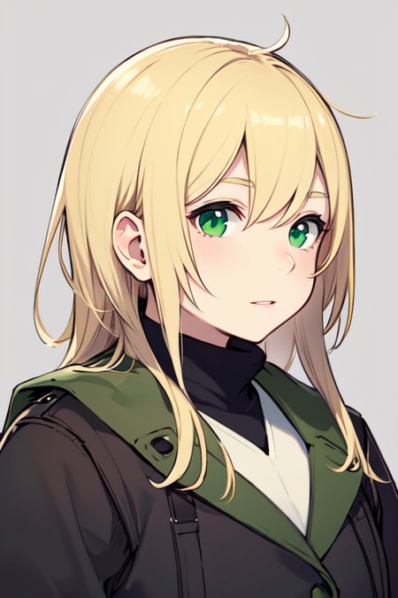 1 girl, simple background, portrait, blonde hair, green eyes  <lora:lycoris_s01:0.6>