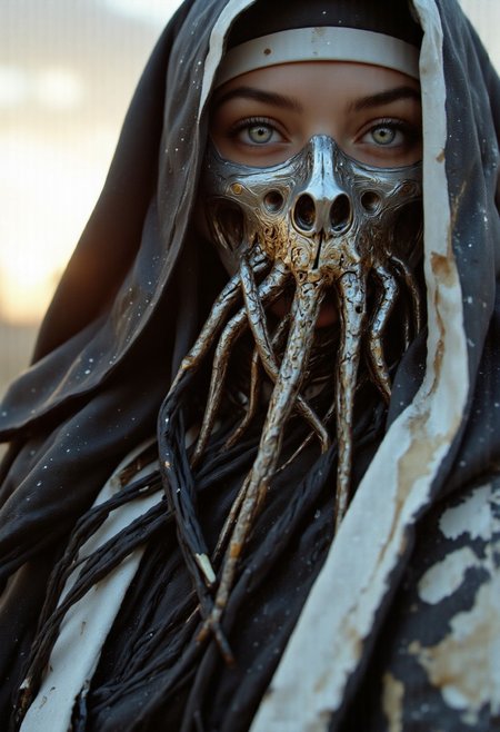 An extreme close-up Closeup of the nun’s face, framed by the intense, gritty realism of an old analog camera. The mechanical Skull octopus hknuns nun wears a detailed, ancient silver mask, its surface weathered and battle-scarred, yet intricately adorned with delicate engravings. The mask reflects the faint glow of divine energy, with radiant golden and white light flickering across its surface, A powerful nun iconic one from Final Fantasy. The scene is set during an eerie sundawn, where swirling dust and wind cause her translucent nun's habit to billow dramatically. a gritty, ominous vibe. The sun's orange and gray hues blend into the sky as her tattered habit flutters. The atmosphere is cinematic, with hyper-realistic detail, soft shadows, and an intense, otherworldly mood in a desolate desert landscape. Moody Closeup Portrait, feudal Silk Road style, amazing quality, masterpiece, best quality, hyper detailed, ultra detailed, UHD, dof, hyper-realism, majestic, awesome, inspiring. Her torn nun's habit glowing dress flap in the breeze, exuding a laid-back yet dangerous vibe. The photo features faded colors, with a limited palette of gray, beige, and washed-out orange, capturing her cool, striking appearance.. cinematic composition, soft shadows, national geographic style, mythp0rt