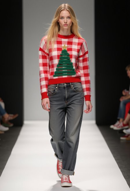 clo031, full body shot, beautiful woman, wearing a red-and-white checkered knit sweater with a fuzzy green Christmas tree design and a gold star on top, soft textures, paired with relaxed cuffed gray jeans and red sneakers. walking on a catwalk