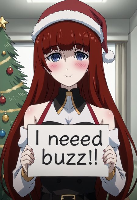 rating_safe, Ultra-high-detailed Anime illustration of Kagari Shiina from Anime Steins;Gate 0. The artwork features Kagari in a solo, face focus, upper body, standing position with a intdoors, indoors, living room with Christmas atmosphere. Gorgeous Christmas tree in background. Night Time..
She is depicted with intricate details showcasing her large breasts, natural_breasts. She is a white skinned, 22 years old woman. Kagari is looking_at_viewer with perfect_eyes, Her pupils are highly detailed. The eyes are open. blue eyes. Kagari's eyes are highlighted. Highlighted eyevrows. 
She has long hair, red colored hair, styled in blunt bangs and floating hair. 
She is wearing a black choker and a Santa dress, strapless crop top, sleevless crop top with bare shoulders.
She is wearing a Santa Hat and red skirt, red pencil skirt with black belt.
The artistic style is intricate_details_xl with a focus on Anime art. The color palette emphasizes red and black with detailed strokes to bring out the character's features. The lighting creates dramatic shadows and highlights, adding depth to the artwork. The perspective is from a face focus, dutch angle to enhance the impact of the character's expression. This masterpiece is a true portrayal of Kagari's complex personality and will captivate any fan of Kagari. uncensored, upper body, blushing, smile, Kagari Shiina, perfecteyes, need_buzz, holding sign with hands
<lora:Steins_Gate:1>