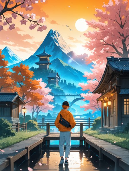 HinataShoyoCYQL,1boy,male focus,solo,short hair,orange hair,brown eyes,Hooded sweatshirt, Distressed jeans, Chunky sneakers, Crossbody bag, Beanie hat, Sporty sunglasses,
BREAK
sleepy,head_tilt,arms_crossed,,afloat,facing away,close-up,
BREAK
torii,scenery,outdoors,sky,flower,cloud,lantern,tree,rope,powerlines,water,eastasianarchitecture,architecture,building,reflection,plant,cloudysky,shrine,day,paperlantern,sunset,bluesky,utilitypole,bridge,sunlight,stairs,evening,grass,road,pagoda,watercraft,reflectivewater,stonelantern,fantasy,leaf,fog,cable,house,sun,lightrays,boat,cherryblossoms,dusk,night,fence,nature,redsky,puddle,blurry,mountain,window,petals,branch,landscape,twilight,city,ruins,dutchangle,light,ripples,statue,rock,railing,lamppost,depthoffield,baretree,gradientsky,lightparticles,roadsign,lensflare,standing,path,forest,groundvehicle,river,sunrise,bush,moon,moss,bird,horizon,
BREAK
<lora:ponyv5_noobV065S_1_adamW-000013:0.7>,<lora:wl-illV1-000017:0.7>,<lora:zzziGnXL_il_lokr_V531:0.5>,<lora:USNR STYLE_XL_loha:0.45>,usnr,,<lora:HinataShoyoCYQL:1>,
perfect quality,high quality,masterpiece,best quality,amazing quality,very aesthetic,absurdres,newest,