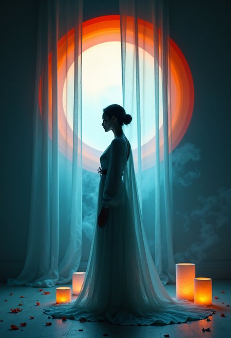 aidmafluxpro1.1,

A masterpiece of (zen idol girl) style created by the collaboration of Mark Rothko and Friedrich Stuhl.

The photograph captures a serene and ethereal "masterpiece" that merges the essence of a zen idol girl with the vibrant abstraction of Mark Rothko and Friedrich Stuhl's collaborative vision. The image is set in a dimly lit, minimalist room where natural light filters through sheer curtains, casting soft shadows.

From an overhead angle, the photo frames the subject within a circular composition, reminiscent of a mandala, which enhances the meditative quality of the scene. The background features a gradient palette that transitions from deep indigo to warm salmon, symbolizing the fusion of Eastern and Western artistic philosophies.

The "zen idol girl" is depicted in a flowing, translucent robe, her figure barely discernible against the vivid colors, adding a dreamlike quality. Her face is turned towards the viewer, with a serene expression that radiates calm and wisdom. The background features subtle, interlocking color blocks inspired by Rothko's signature style, creating a sense of depth and harmony.

In the foreground, there are delicate, floating elements such as paper lanterns or soft petals, adding to the ethereal atmosphere. These details evoke a tranquil setting where time stands still, allowing the viewer to fully immerse in the artwork’s serene beauty.

,HD32K,hyperdetailed,best quality,