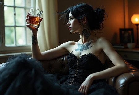 luxury magazine phtotography, Full body Beautiful lady pirate, black hair blowing, tattoo at her neck, sits relaxed while holding a glass of whiskey. highly detailed dress, mistery, Gothic aesthetic, double exposure , Junji Ito, victo ngai, M.W. Kaluta, richard anderson, a masterpiece. highly detailed and intricate, vogue style" subtractive lighting long exposure depth of field DSLR