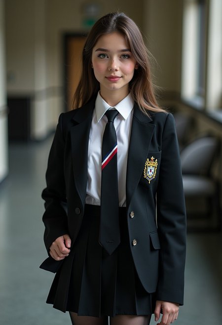 (4k, RAW photo, best quality, perfection style, 50mm, depth of field, ultra high res:1.1),(intricate, photorealistic, low angle, cinematic-shot, masterpiece, ultra-detailed:1.1). Wearing a black blazer adorned with a school crest on the left breast pocket and a black pleated skirt and a black tie with red and blue stripes, she has sheer black tights, Her makeup showcases bright eye shadow in hues of green and purple, paired with bold eyeliner and a hint of natural freckles. She radiates a delightful innocence while tastefully displaying some skin. Her youthful appearance is accentuated by a delicate figure, including a boastful bust and toned torso, she has slight abs. A slim waist enhances her femininity, highlighted by her graceful silhouette and well-defined collarbone