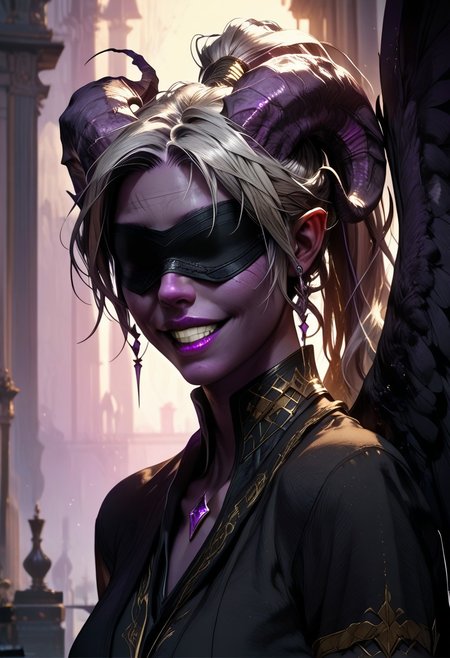 (absurdres, best quality, masterpiece:1.4), score_9, score_8_up, score_7_up, score_6_up, detailed, detailed body, detailed face, fantasy, 
(female, tiefling, h0rns, ram horns, black horns, tall, ((((dark purple skin, purple skin)))), ((long grey hair, ponytail)), black eyes, no pupils, no sclera, (wingsd, black wings)),
looking toward viewer, soft smile,
(simple black skirt, black shirt, blindfold, black cloth blindfold), 
depth of field, outdoors, harbour, evening, lamp posts