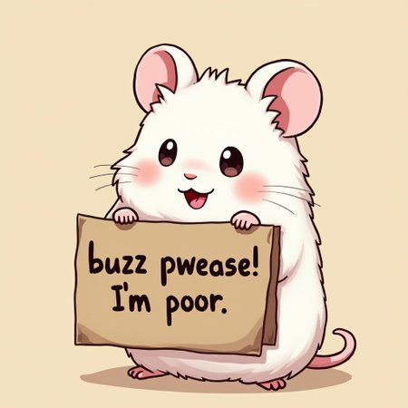 Hamster, Holding a sign that says 'buzz pwease! I'm poor.' on the front, extremely cute albino hamster, in anime art style, kawaii, detailed, looking at viewer